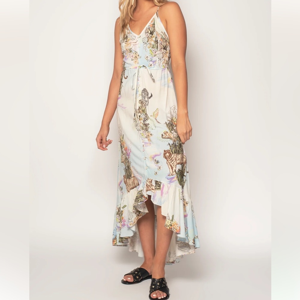 ZL Europe Floresta Maxi Dress Bohemian Floral Wildlife Print Ruffle High Low-M